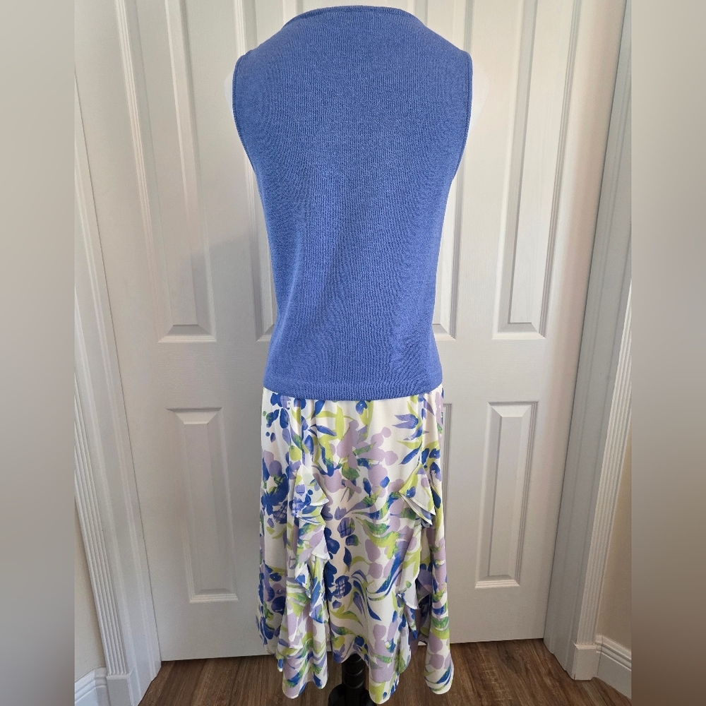 St John Santana Knit 3PC Suit Set Periwinkle Blazer/Shell/Silk Floral Skirt-SZ 6 - Picture 11 of 16